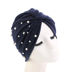 Faux Pearl Decor Turban Cap Solid Pleated Head Wrap