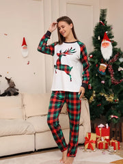 Christmas Elk Print Lounge Set Crew Neck Top & Plaid Pants Women's Loungewear