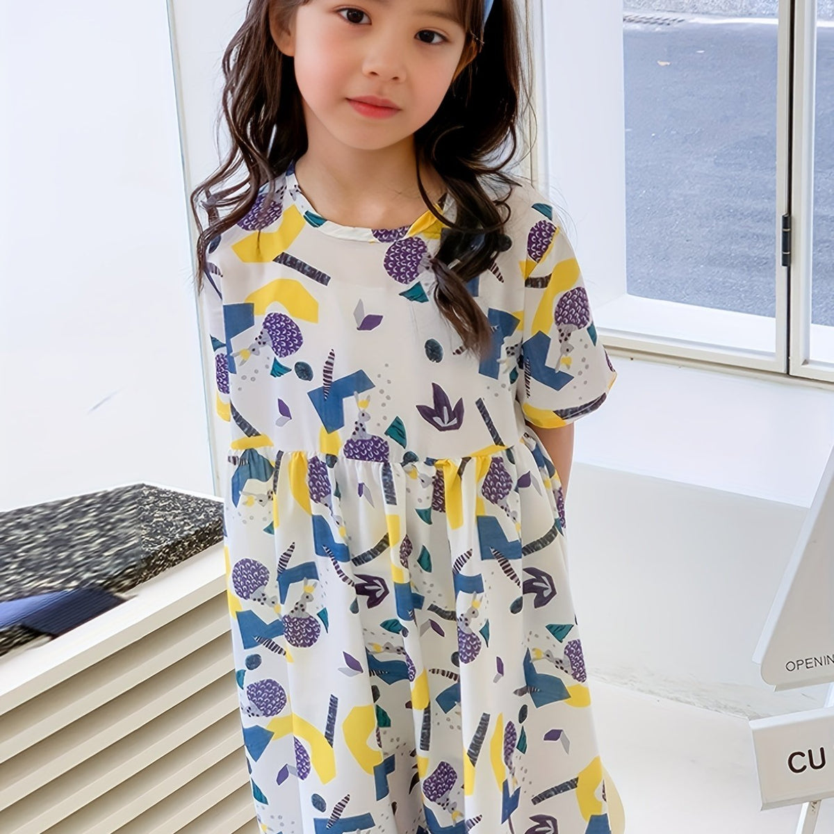 Girl's Geometry Pattern Dress Casual Loose Short Sleeve Crew Neck Summer Beach