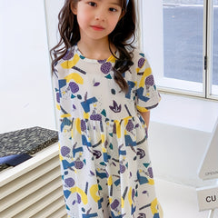Girl's Geometry Pattern Dress Casual Loose Short Sleeve Crew Neck Summer Beach