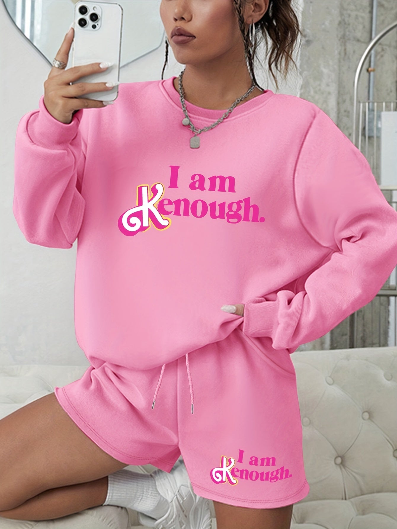  2 Piece Set Women's Slogan Print Sweatshirt & Shorts