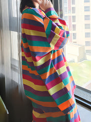Rainbow Stripe Pajama Set Long Sleeve Top & Lounge Pants Women's Sleepwear