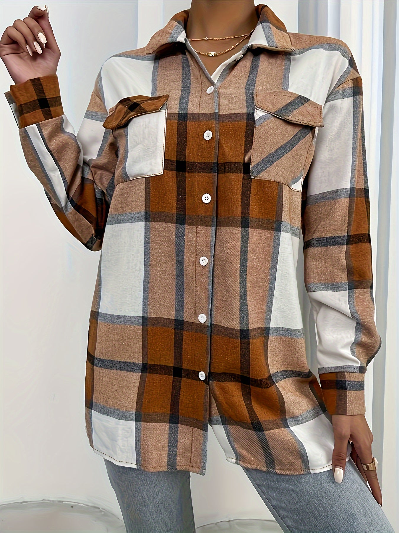  Plaid Button Up Long Sleeve Blouse
