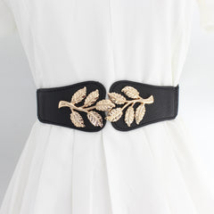 Metal Leaf Decoration Thin Elastic Waist Belt For Women