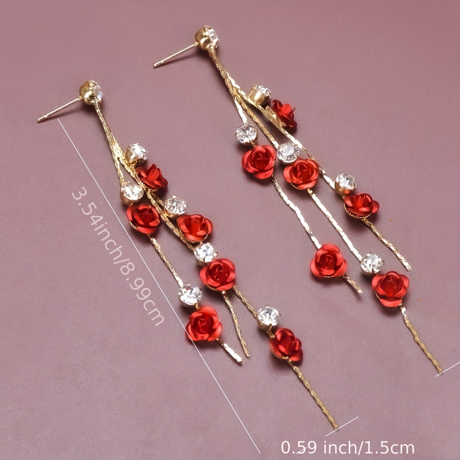 Tassel Red Rose Rhinestone Dangle Earrings