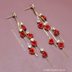 Tassel Red Rose Rhinestone Dangle Earrings