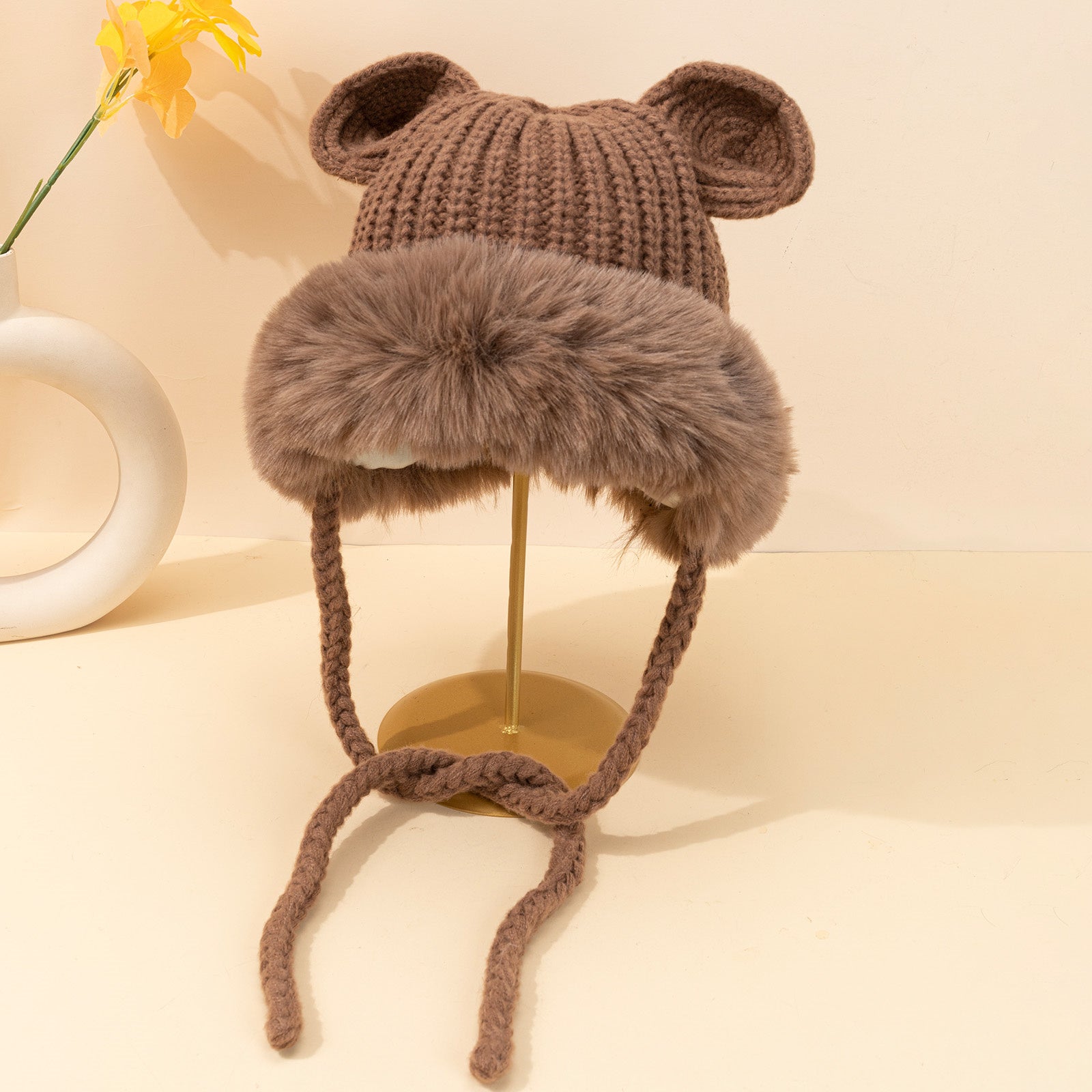 Woolen Knit Hat Winter Ears Braids Plush Cap Keep Warm