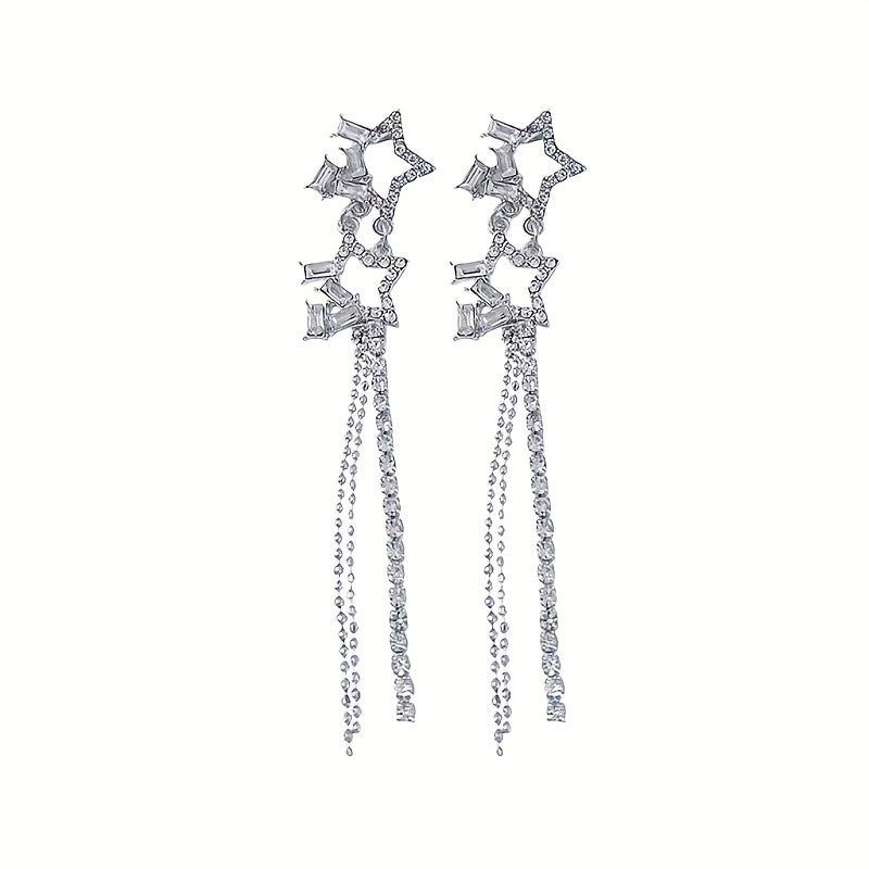 Hollow Star Long Tassel Earrings Double Star Inlaid Zircon Jewelry Gift
