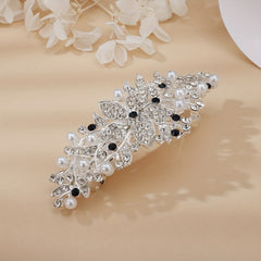 Silver Faux Pearl Leaf Hair Clip Non-Slip Barrette Rhinestone Head Jewelry