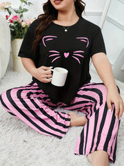  Cat Print Tee & Striped Pants Lounge Set
