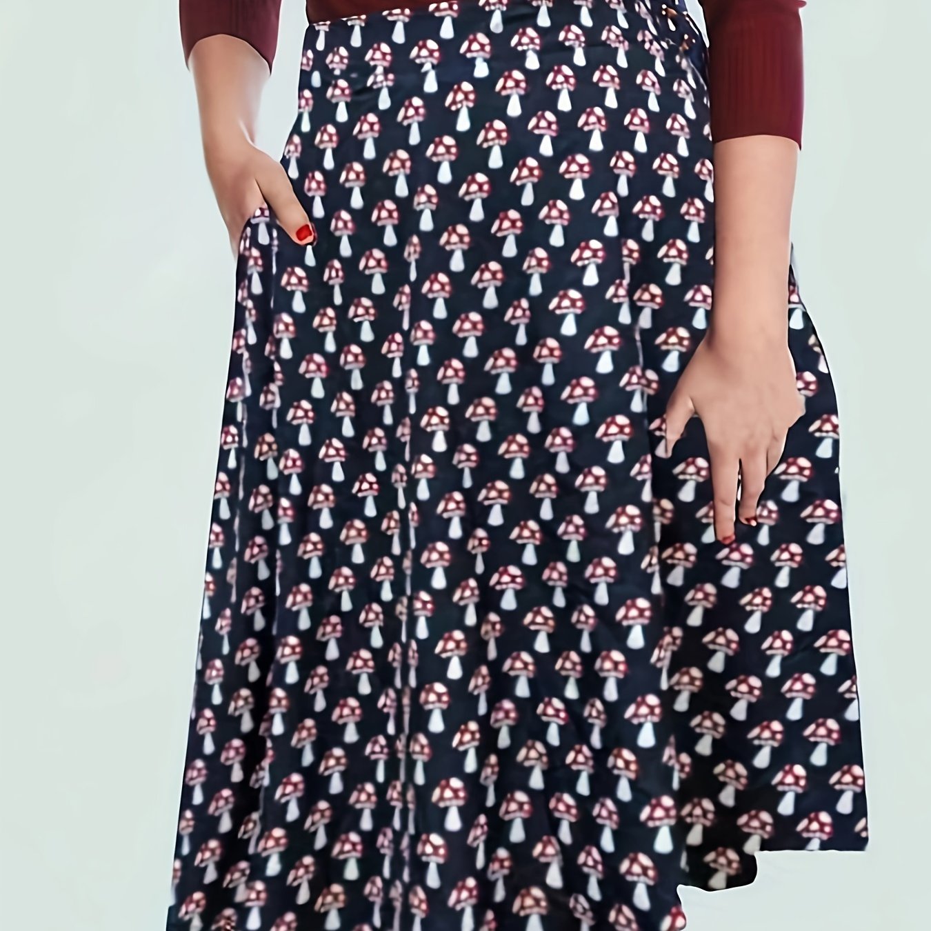  Mushroom Print A-line Maxi Skirt with Pockets