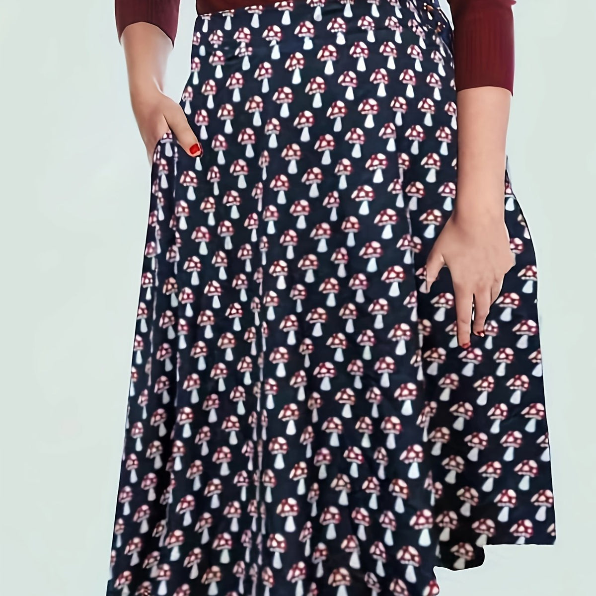  Mushroom Print A-line Maxi Skirt with Pockets