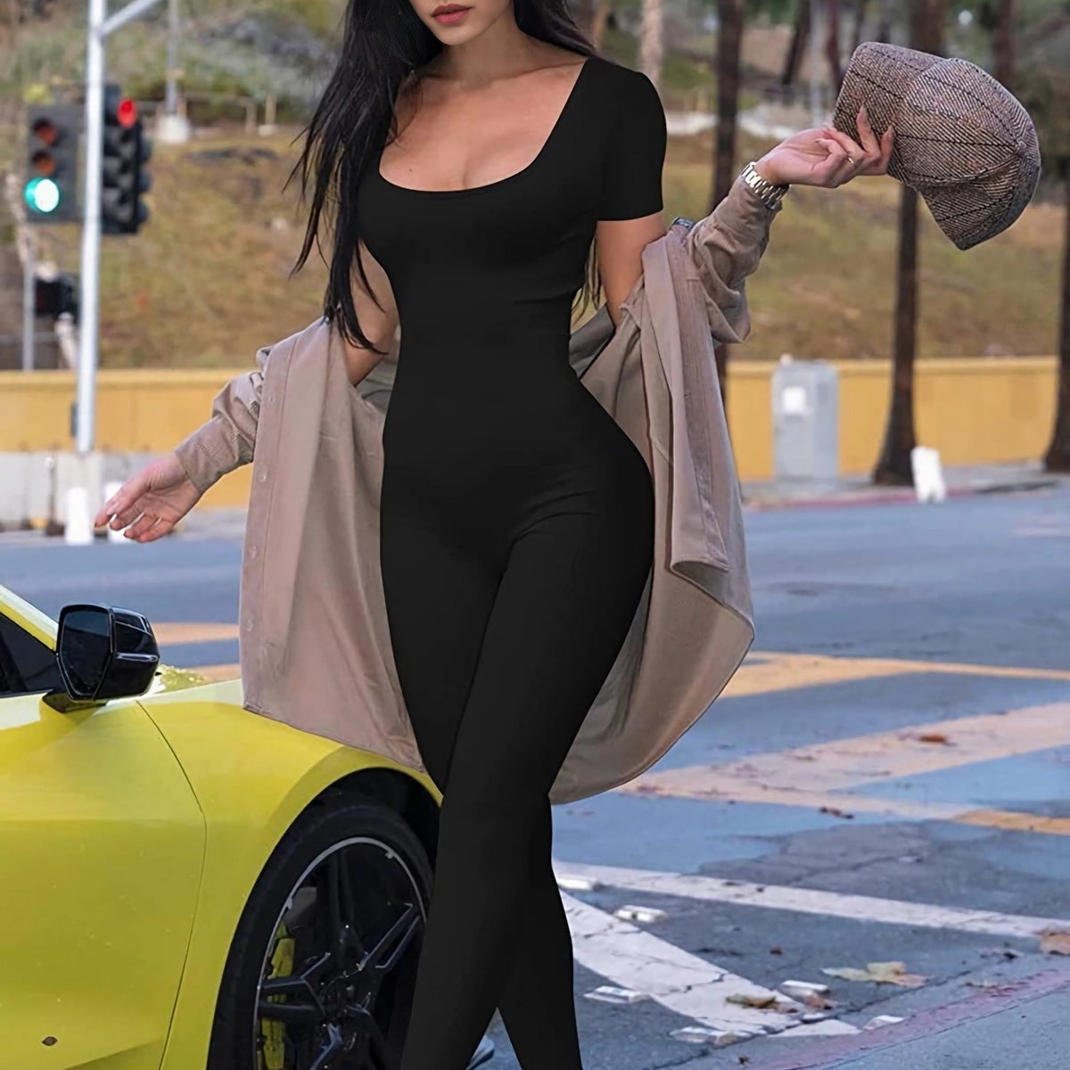 Sexy Short Sleeve Jumpsuit High Stretch Solid Color