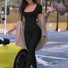 Sexy Short Sleeve Jumpsuit High Stretch Solid Color