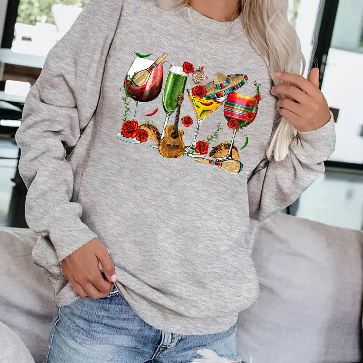 Wine Print Pullover Sweatshirt for Fall & Winter Women's Clothing