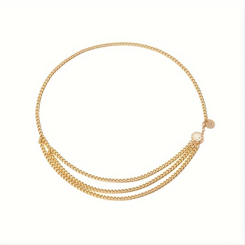 Boho Tassel Waist Chain Belt w/ Sun Pendant, Adjustable Elastic for Women