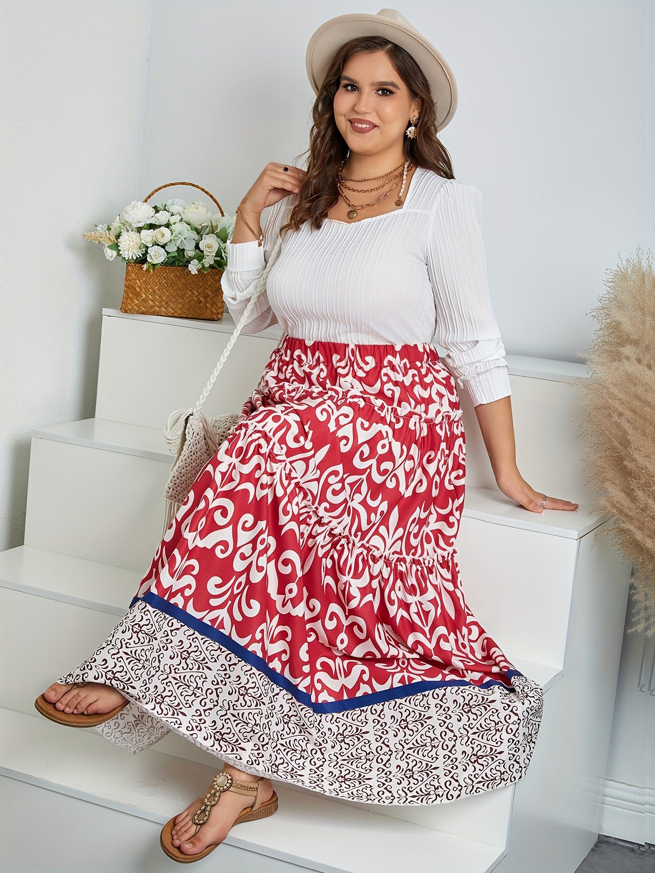  Tribal Print Ruffle Trim Smock Maxi Skirt