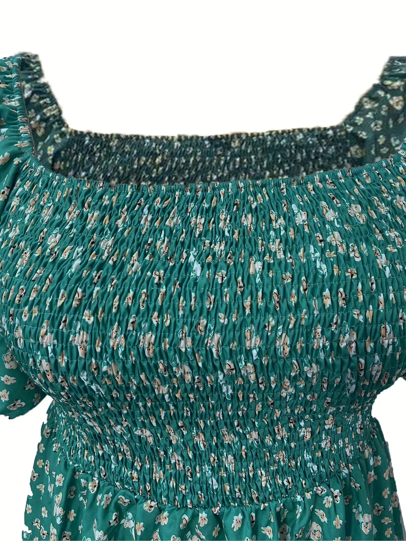  Boho Dress Ditsy Print Puff Sleeve Square Neck