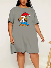  Christmas Cat Print Lounge Dress with Santa Hat