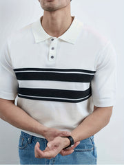 Striped Pattern Knit Short Sleeves Polo Shirt Men's Casual Lapel High Stretch
