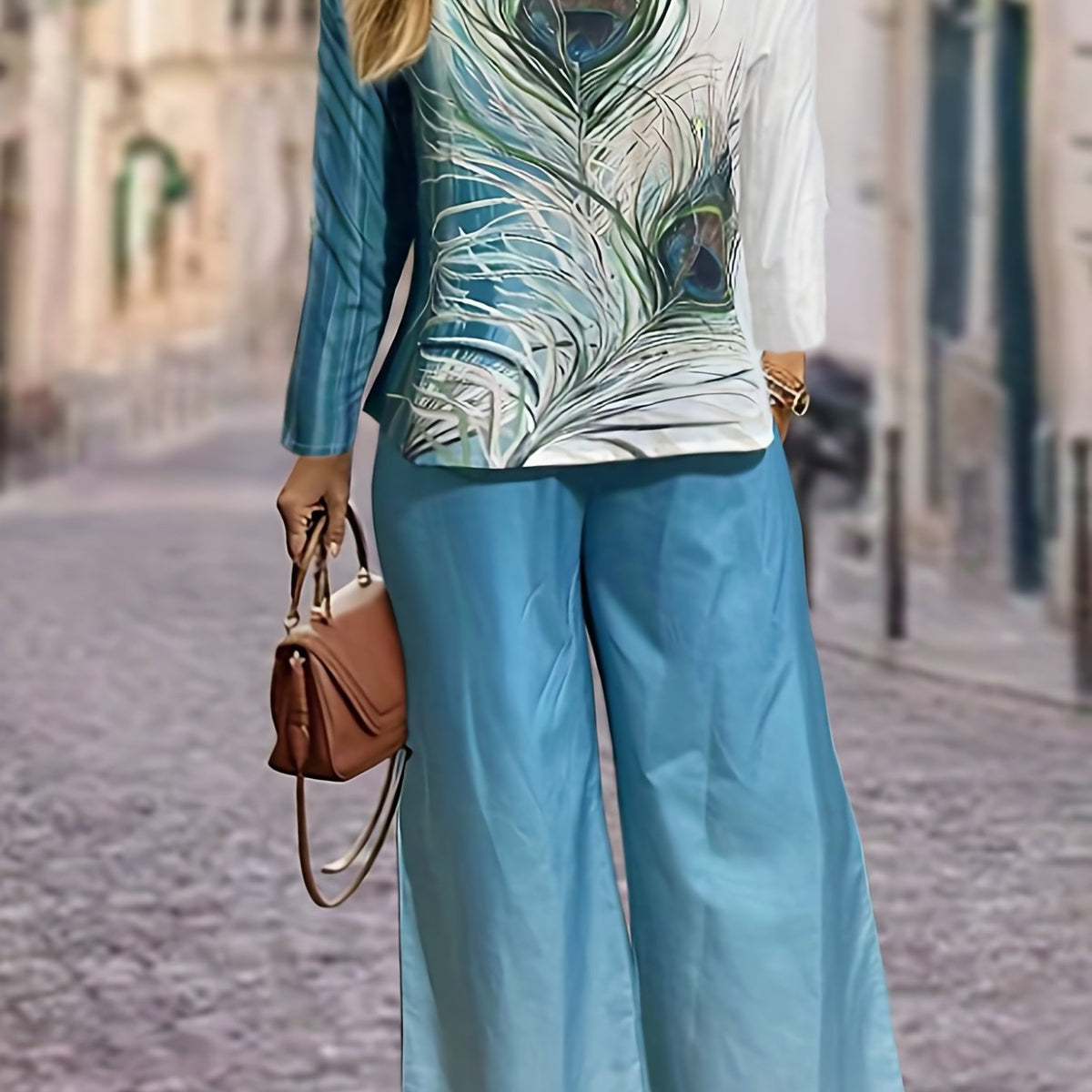  Ombre & Feather Print Tee & Pants Set
