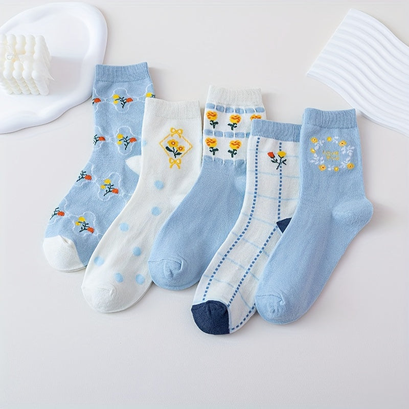 5 Pairs Floral Print Socks Comfy & Breathable Mid Tube Socks