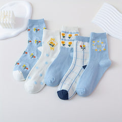 5 Pairs Floral Print Socks Comfy & Breathable Mid Tube Socks