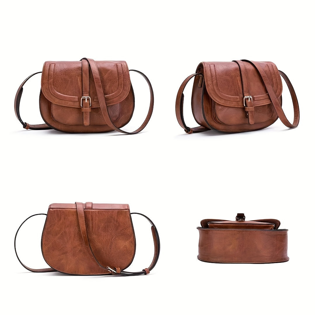 Vintage Flap Saddle Crossbody Bag Retro PU Leather Shoulder Bag