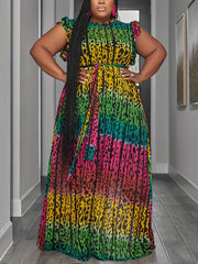  Leopard Print Ruffle Sleeve Maxi Dress with Belt