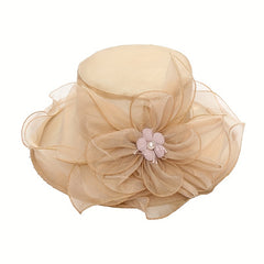 Mesh Flower Organza Sun Hat Solid Ruffles Derby Hat