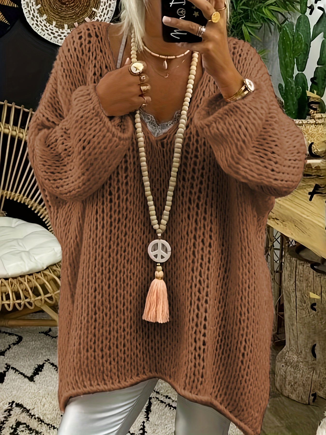  Solid Long Sleeve V Neck Oversized Jumper