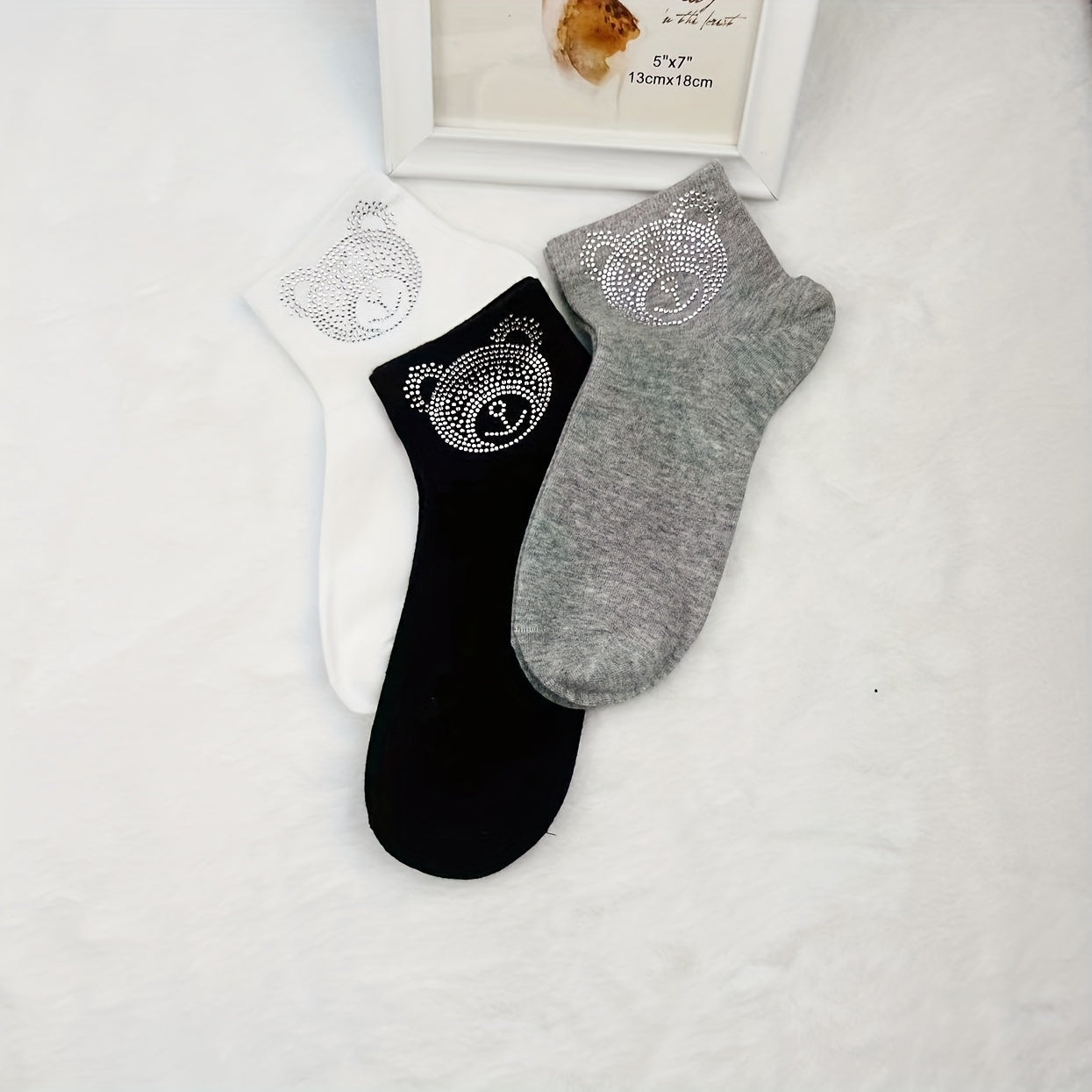 5 Pairs Cartoon Bear Rhinestone Socks Comfy Short Socks