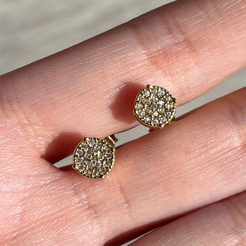 Round Stud Earrings Paved CZ Stone Silver Golden Ear Jewelry