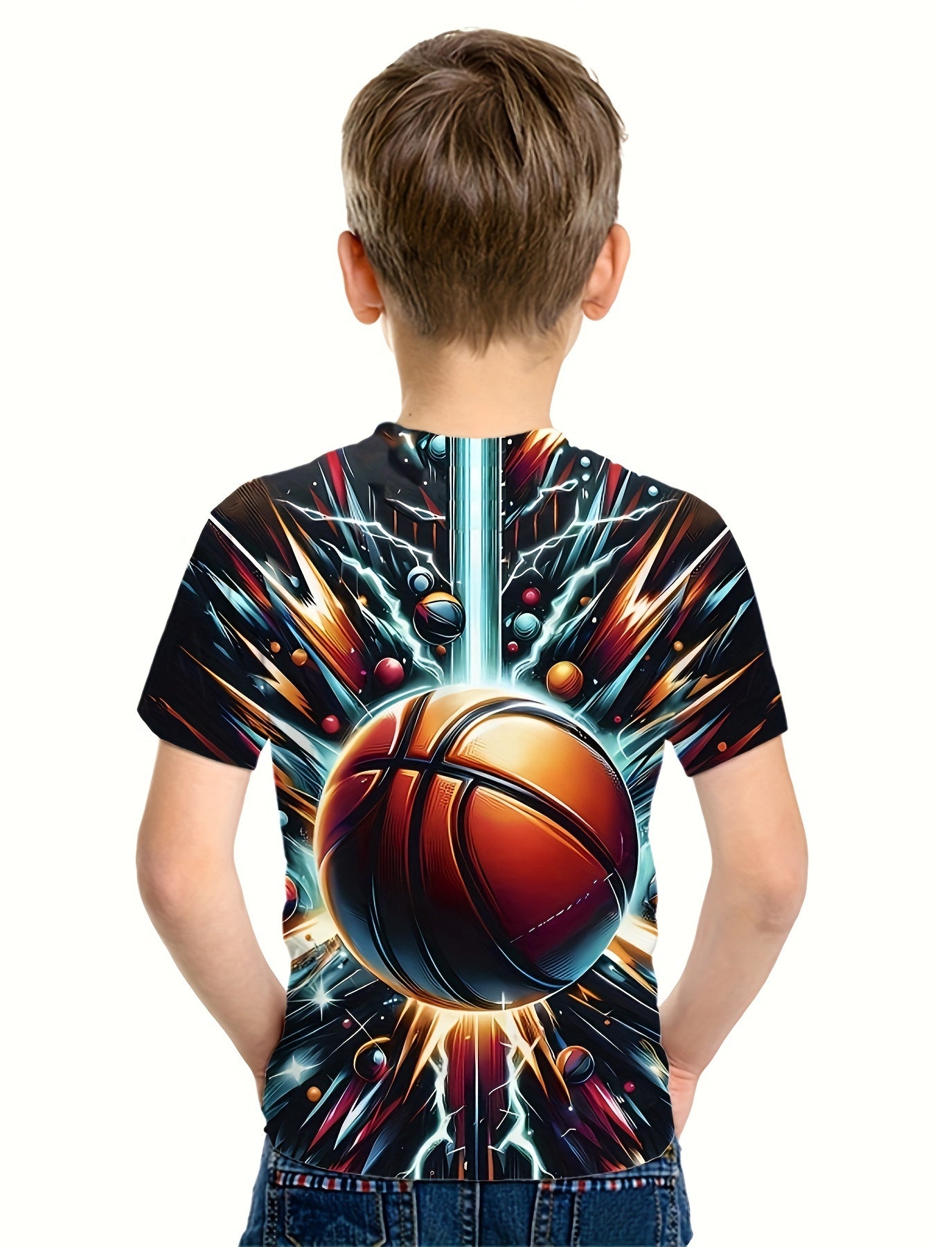 Boy's Basketball Print Casual Tee Short Sleeve Crew Neck T-shirt