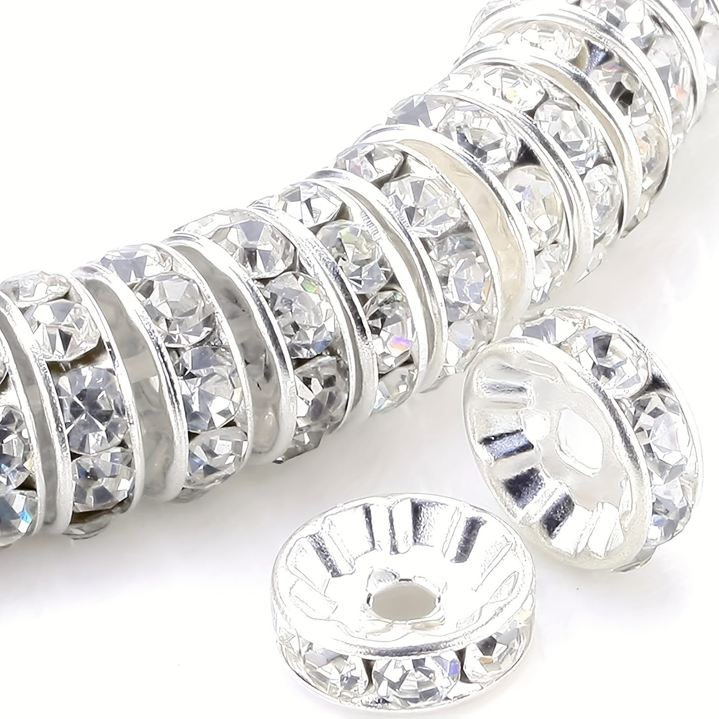 100pcs Silver Plated Round Interval Beads Czech Crystal Rhinestones