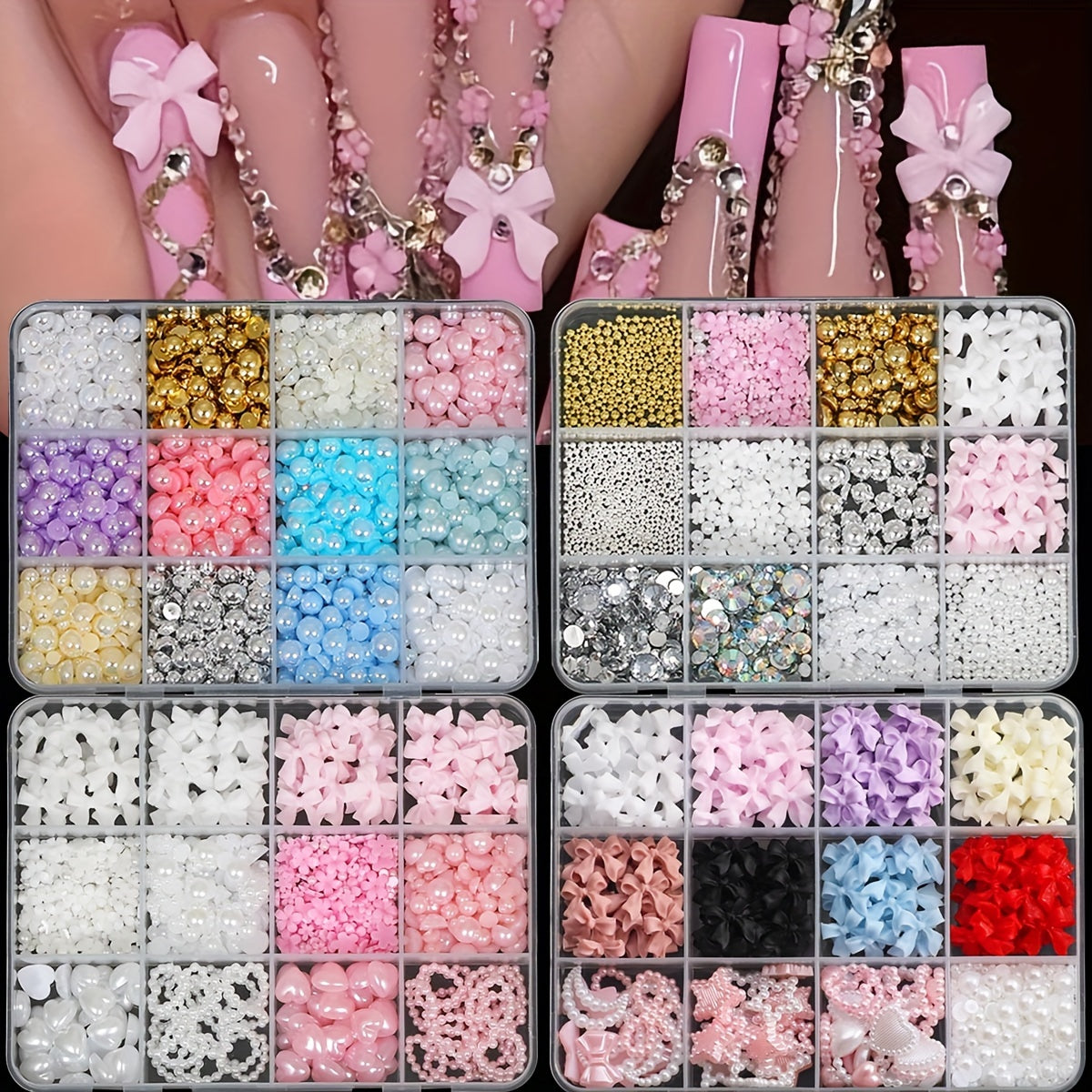 500PCS 3D Nail Art Kit Resin Bows Flat Back Pearls Assorted Shapes DIY Craft