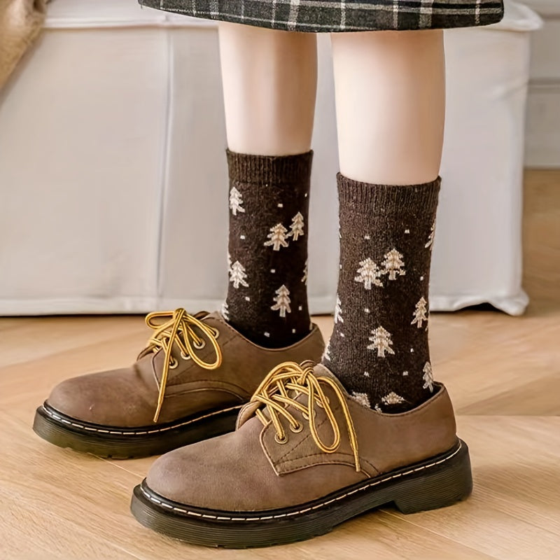 4 Pairs Plaid & Trees Print Socks Mid Tube Women's Stockings