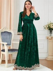  Velvet Applique Jalabiya Dress Long Sleeve Maxi Dress