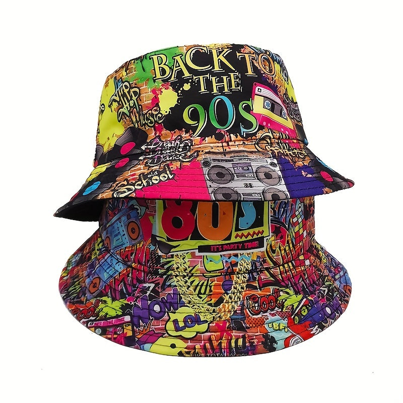 Vintage Reversible Graffiti Bucket Hat Hip Hop Fisherman Cap
