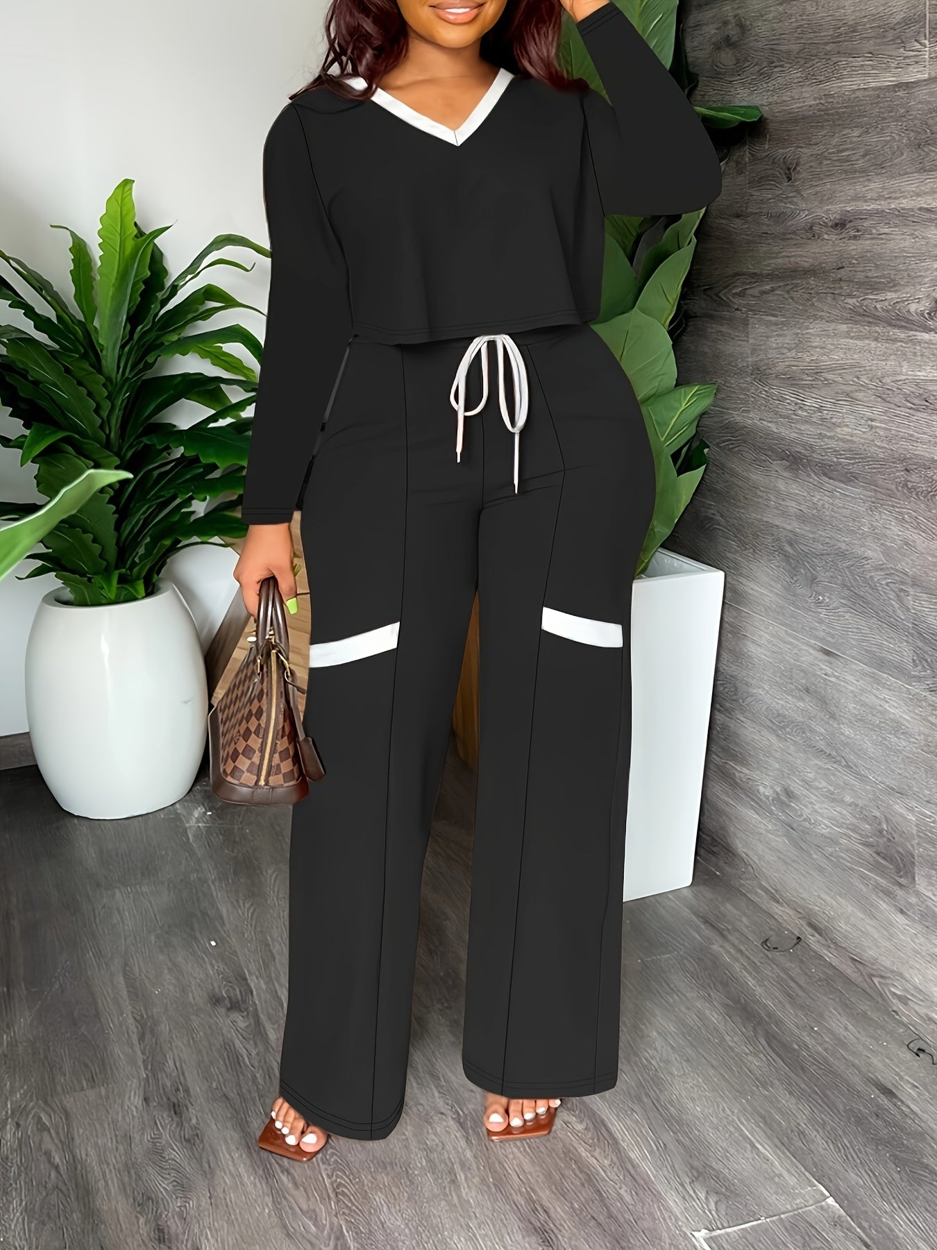  V Neck Tee & Drawstring Pants Two Piece Set