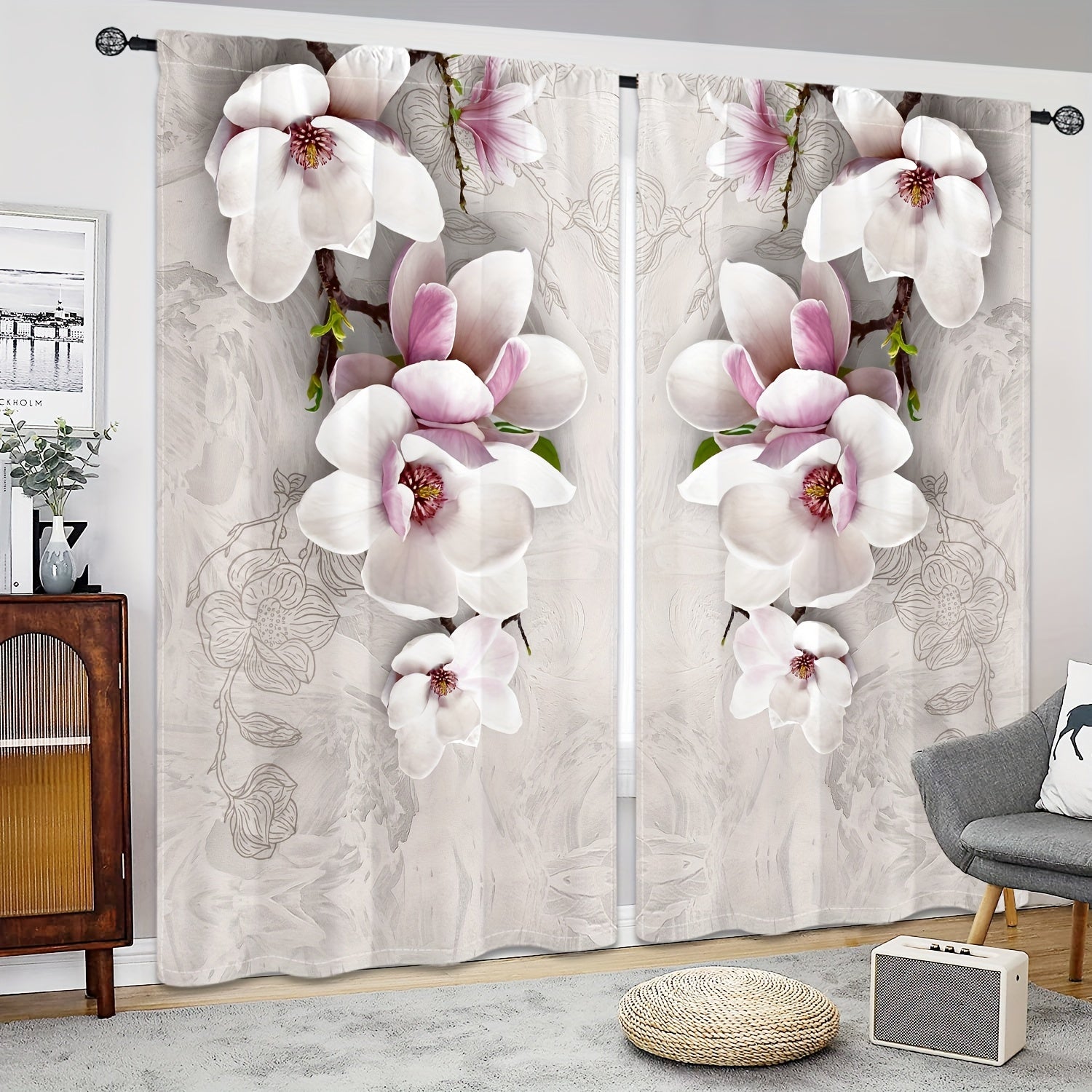 2pcs Magnolia Pattern Semi Blackout Curtains Rod Pocket Vintage Curtain