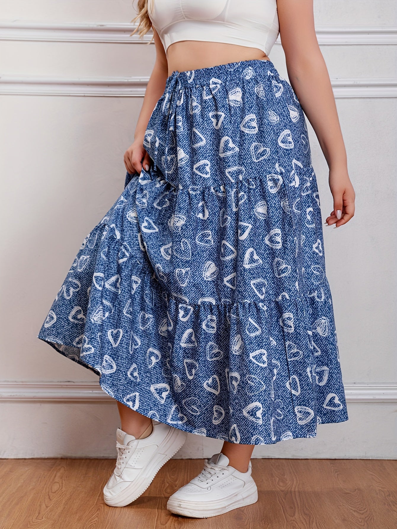  Heart & Denim Print Drawstring Maxi Skirt