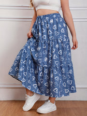  Heart & Denim Print Drawstring Maxi Skirt