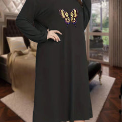  Nightdress Butterfly Print Long Sleeve Round Neck