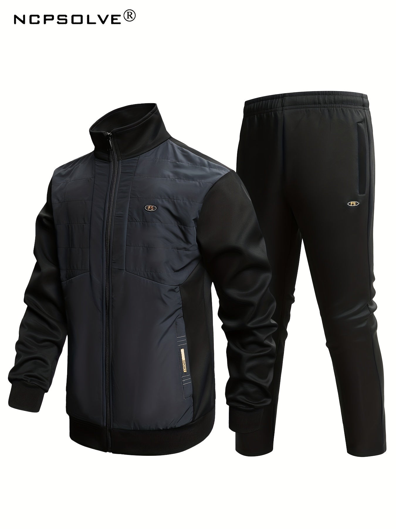 Men's Sports Suit with Stand Collar Zip Up Jacket & Stretch Waist Pants