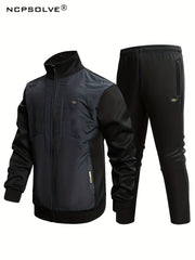 Men's Sports Suit with Stand Collar Zip Up Jacket & Stretch Waist Pants