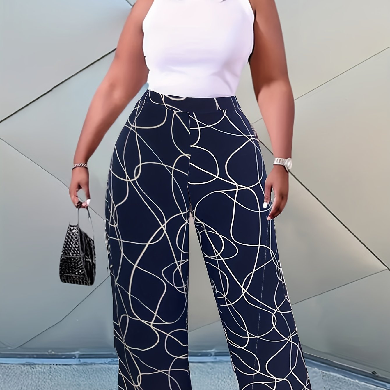  Abstract Stripe Print Wide Leg Trousers