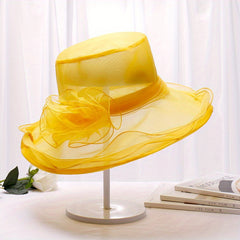 Organza Sun Hat Wide Brim Solid Derby Hat Ruffles Flower Beach Hats
