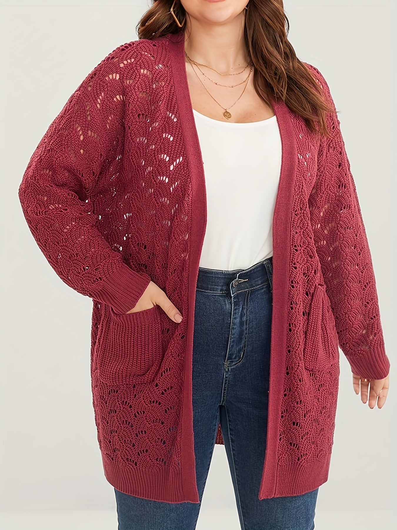  Casual Cardigan Women's Plus Hollow Knitted Long Sleeve Open Front Swe