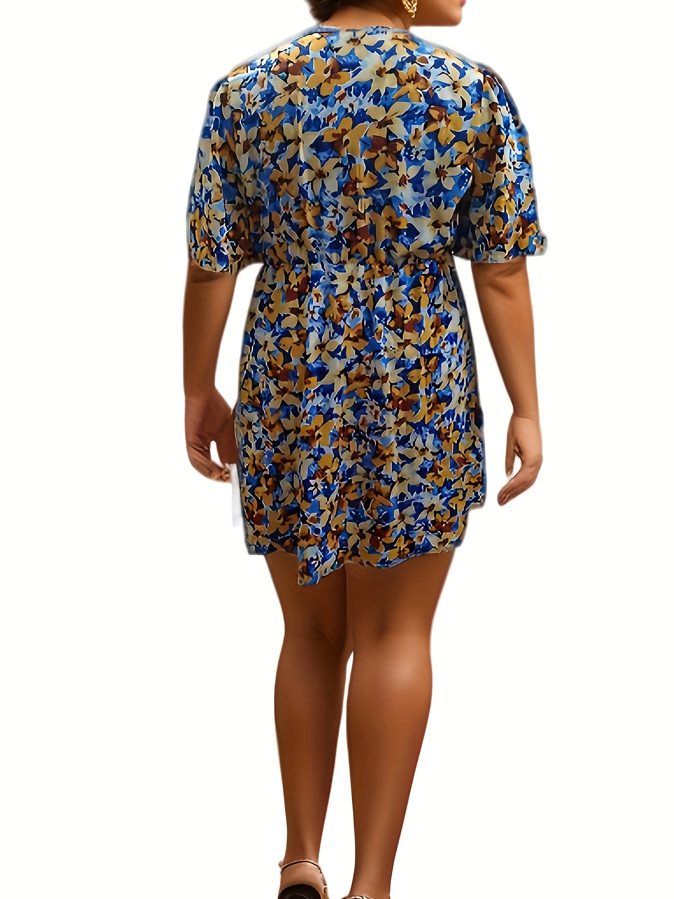  Floral Print Short Sleeve Surplice Neck Mini Dress